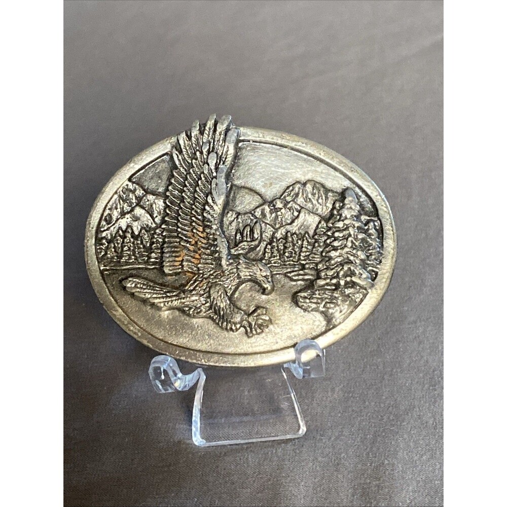 Vintage 1989 Siskiyou Bald Eagle 2" Belt Buckle Catching Fish Mountain Scene